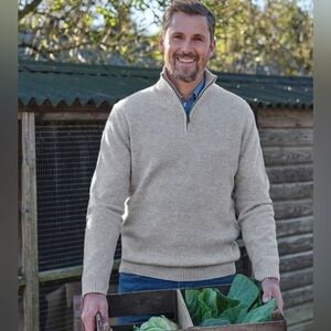 Woolovers 100% British Wool Sweater Men’s Sz M Quarter Zip Jumper Oatmeal Tan